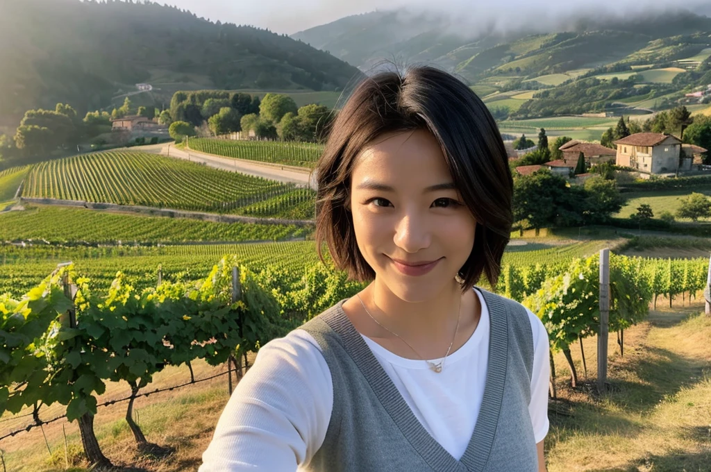 8k best picture quality, Beautiful 36-year-old Korean woman, northern italy countryside dawn, View of the cathedral next to the vineyards, The back background is realistic and vivid quality., short medium hair, A white T-shirt that covers the chest and a short cardigan, Wear casual pants, Smile slightly. the background is clear, looking up at the front camera. Standing on a hill on a trail and looking at a foggy vineyard, Close-up with wide-angle lens, Dress modestly, There is a thick fog in the early morning.