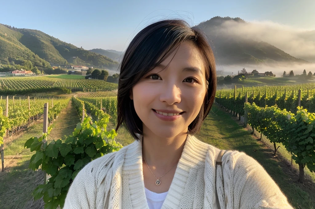 8k best picture quality, Beautiful 36-year-old Korean woman, northern italy countryside dawn, View of the cathedral next to the vineyards, The back background is realistic and vivid quality., short medium hair, A white T-shirt that covers the chest and a short cardigan, Wear casual pants, Smile slightly. the background is clear, looking up at the front camera. Standing on a hill on a trail and looking at a foggy vineyard, Close-up with wide-angle lens, Dress modestly, There is a thick fog in the early morning.