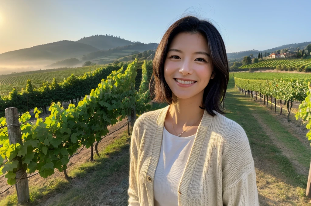 8k best picture quality, Beautiful 36-year-old Korean woman, northern italy countryside dawn, View of the cathedral next to the vineyards, The back background is realistic and vivid quality., short medium hair, A white T-shirt that covers the chest and a short cardigan, Wear casual pants, Smile slightly. the background is clear, looking up at the front camera. Standing on a hill on a trail and looking at a foggy vineyard, Close-up with wide-angle lens, Dress modestly, There is a thick fog in the early morning.