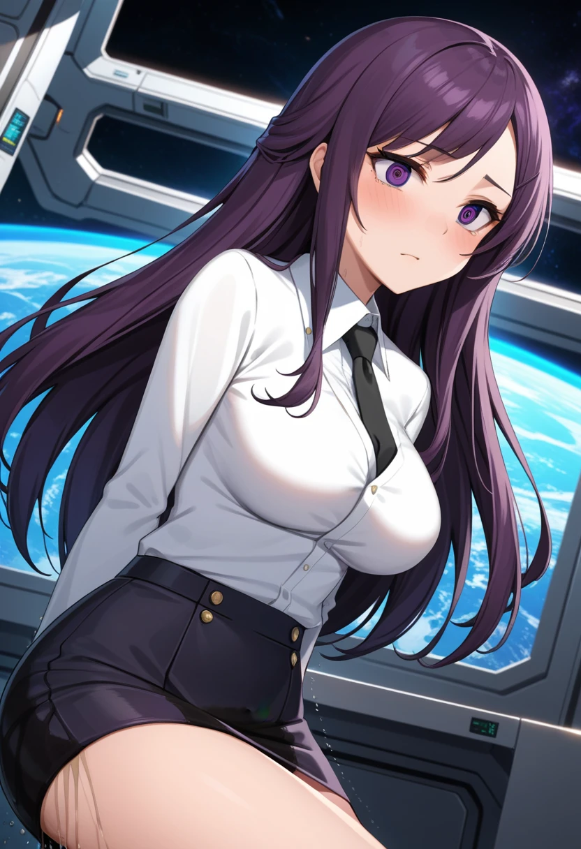 (high quality,Very detailed:1.37, High resolution), Woman, (mature:2.0), (Sakaki Yumiko:1.5), (very long hair:1.5), (dark purple hair:2.5), purple eyes, huge breasts, tuxedo, necktie, (sunglasses:1.5), (long pencil skirt:1.5), (wetting herself:2.0), standing, embarrassed, humiliation, (sweating:1.5), shaking, (trembling:1.5), (blushing:1.5), Meticulous details, (extremely detailed eyes:1.37), space station, interior, science fiction, futuristic