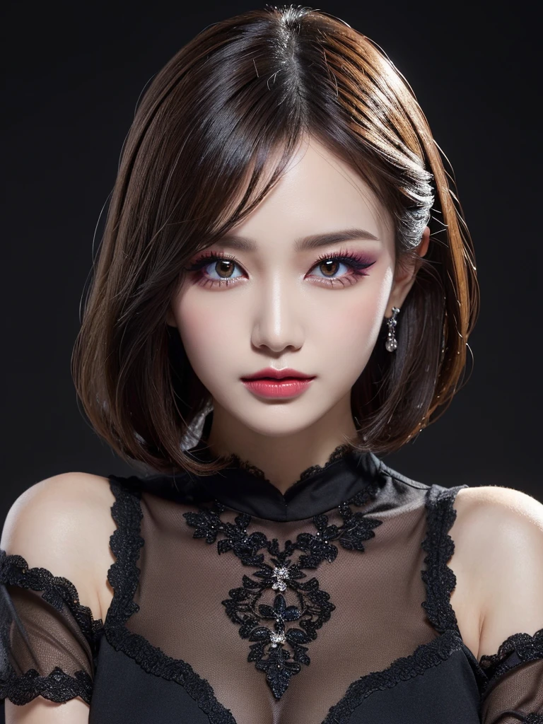 Tabletop, Highest quality, figure, Very detailed, In detail, High resolution, 8k wallpaper, Perfect dynamic composition, ((Apply full make-up to the face:1.2)), Beautiful attention to detail, Black cloth, Black cloth with chiffon lace, See-through shoulder sleeves, Sexy Face, Bright light in the background