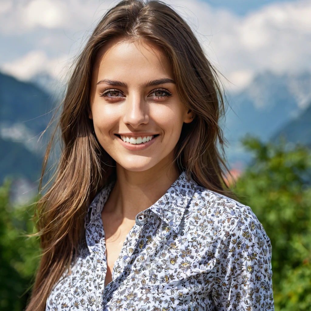 Beautiful woman from austria, realistic eyes, realistic face, slim face, long brown hair, 27 years old, model, smiling, special camera angle, sexy shirt, outside