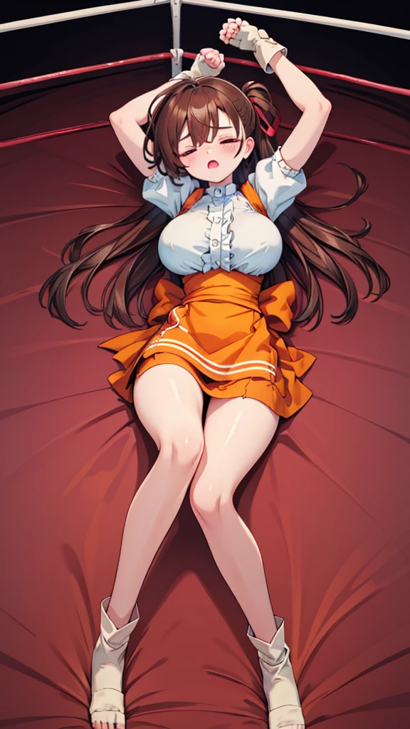 Highest quality，masterpiece，Lying down，sleep，(レスリングのリングにLying down, WWE Divas，Wrestling Arena，Wrestling ring background, Boxing ring background), 仰向けにsleep, Lack of stamina, Ryona, Hitting a girl, death is near，タケユカ 超ロングヘア ヘアribbon, Frilled shirt, Underbust, ribbon, Fingerless gloves, White gloves, Waist apron, Orange Skirt, socks, Toeless legwear，loser, Nice, loser, (Moaning , Open your mouth), ((, 仰向けにsleep, Torn clothes，Torn clothes，　Tattered clothes，地面にsleep, lose consciousness, Unconscious, )), , ( Tilt your head),