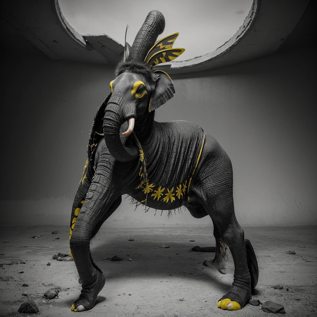 A captivating, high-contrast black and white photograph with striking red, green, and yellow accents. The image, captured by the talented André Uhlisch for National Geographic, features a vibrant, old fish with elephant legs, dressed in a glistening, elaborate costume. The fish is adorned with delicate fur arm prosthetics and dust leg prosthetics. In a post-apocalyptic style, the fish rides atop the head of a dog, adding an unexpected and surreal element to the composition.
