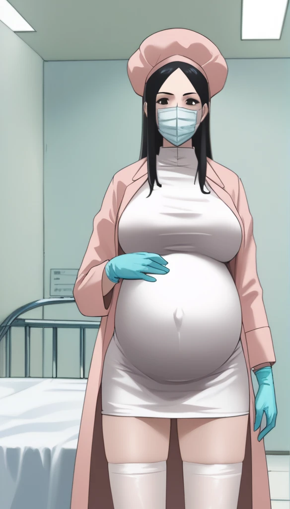 score_9,  score_8_up, score_7_up, source_anime, raw image, masterpiece, highest quality, kasuganoray, pale skin, she narrowed her eyes, shy eyes, looking_at_viewer, long black hair, close ears, big breasts, scrubs, surgical mask, bouffant cap, long sleeve maternity dress, put on another long sleeved coat, seamless, navel head, the dress isn't wrinkled, tight fitting, long white stockings, 
1girl, pregnant, solo, sexy, long rubber gloves, looking down, look at viewer, furrowed brow, hospital bed, light shines from the ceiling, standing, patient room background, she is inquiring about, her fetus was struggling,