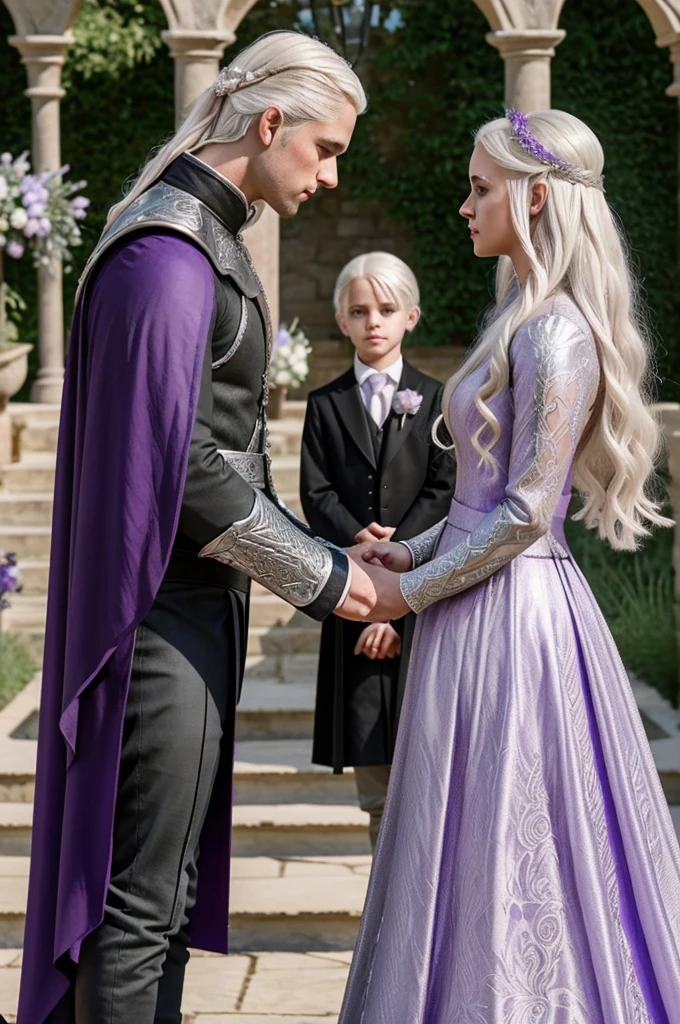 Daemon Targaryen ( platinum blonde hair and purple eyes) marrying his niece ( a young woman with silver blonde hair and violet eyes) the ceremony is a Valyrian wedding, in the gardens of the red fortress,, kiss at the end of the ceremony