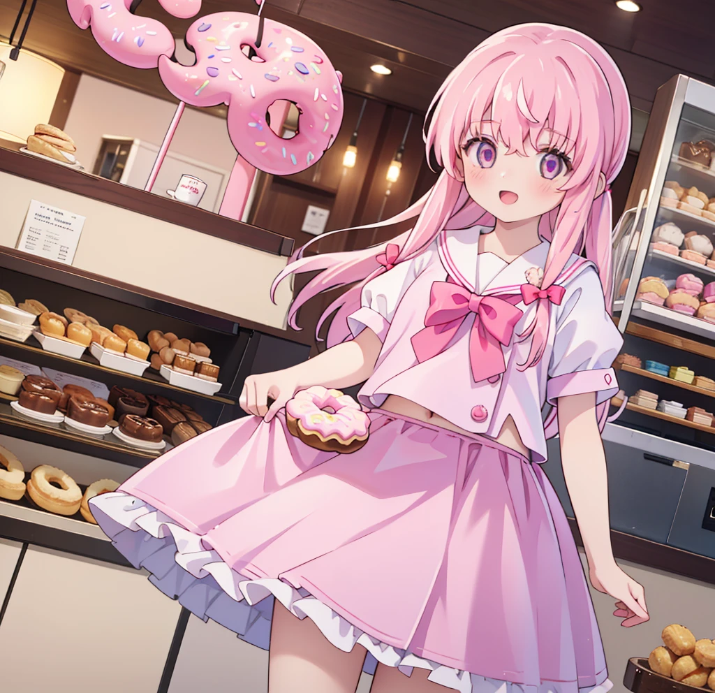 1girl,pink hair, pink eyes with love, detailed eyes, straight hair, straight bangs, shiny hair,
,red bowtie,purple skirt,purple shirt,pleated skirt,short sleeves,looking at the plate with donut, showing mini donut shop, holding a plate wih donut, smile, laughter , open mouth, donut shop background, high-definition,masterpiece, masterpiece, best quality, high resolution, aabeta, double, standing, slim waist, cute, sailor uniform (PastelColors: 1.3)