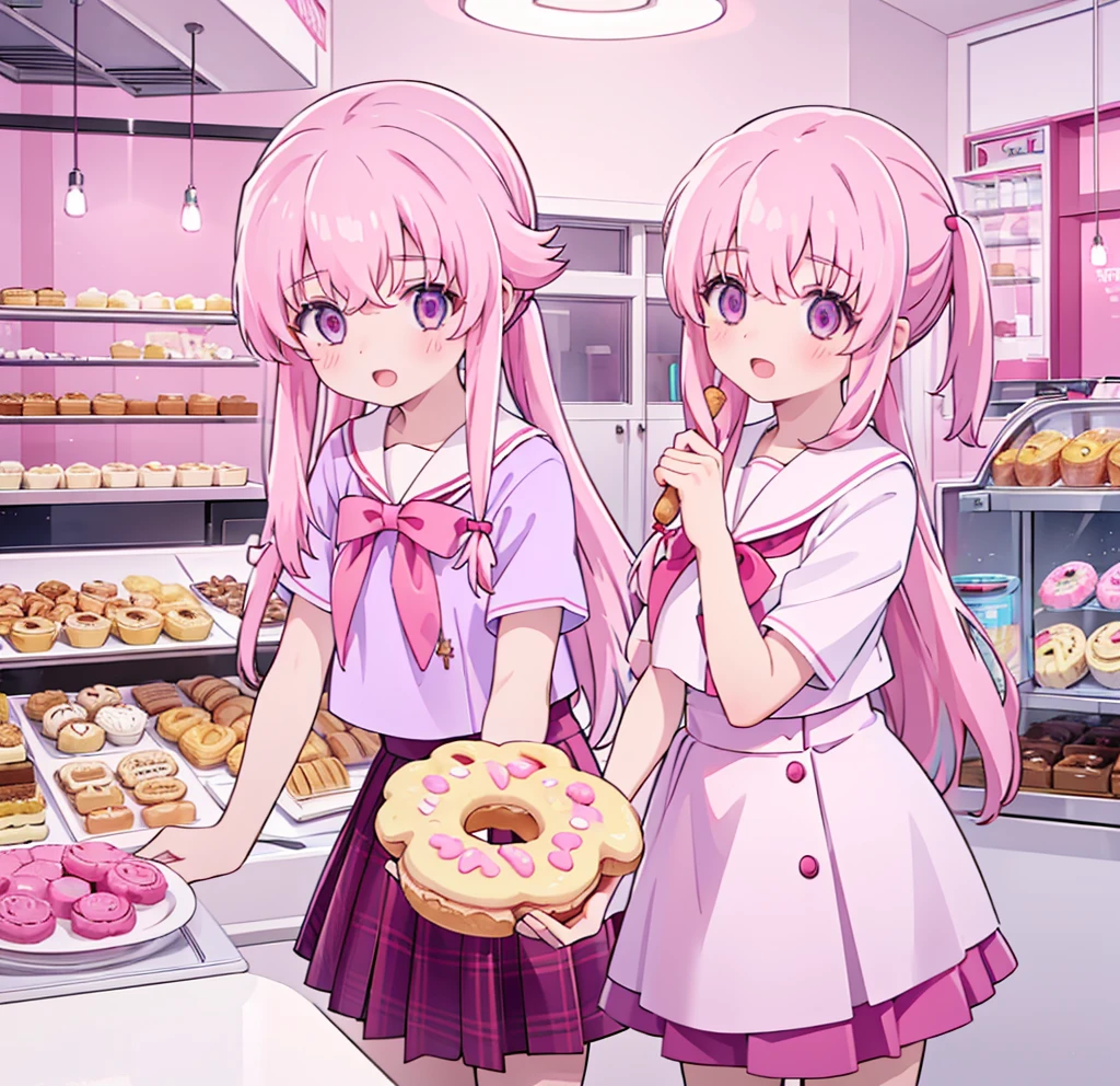 1girl,pink hair, pink eyes with love, detailed eyes, straight hair, straight bangs, shiny hair,
,red bowtie,purple skirt,purple shirt,pleated skirt,short sleeves,looking at the plate with donut, showing mini donut shop, holding a plate wih donut, smile, laughter , open mouth, donut shop background, high-definition,masterpiece, masterpiece, best quality, high resolution, aabeta, double, standing, slim waist, cute, sailor uniform (PastelColors: 1.3)