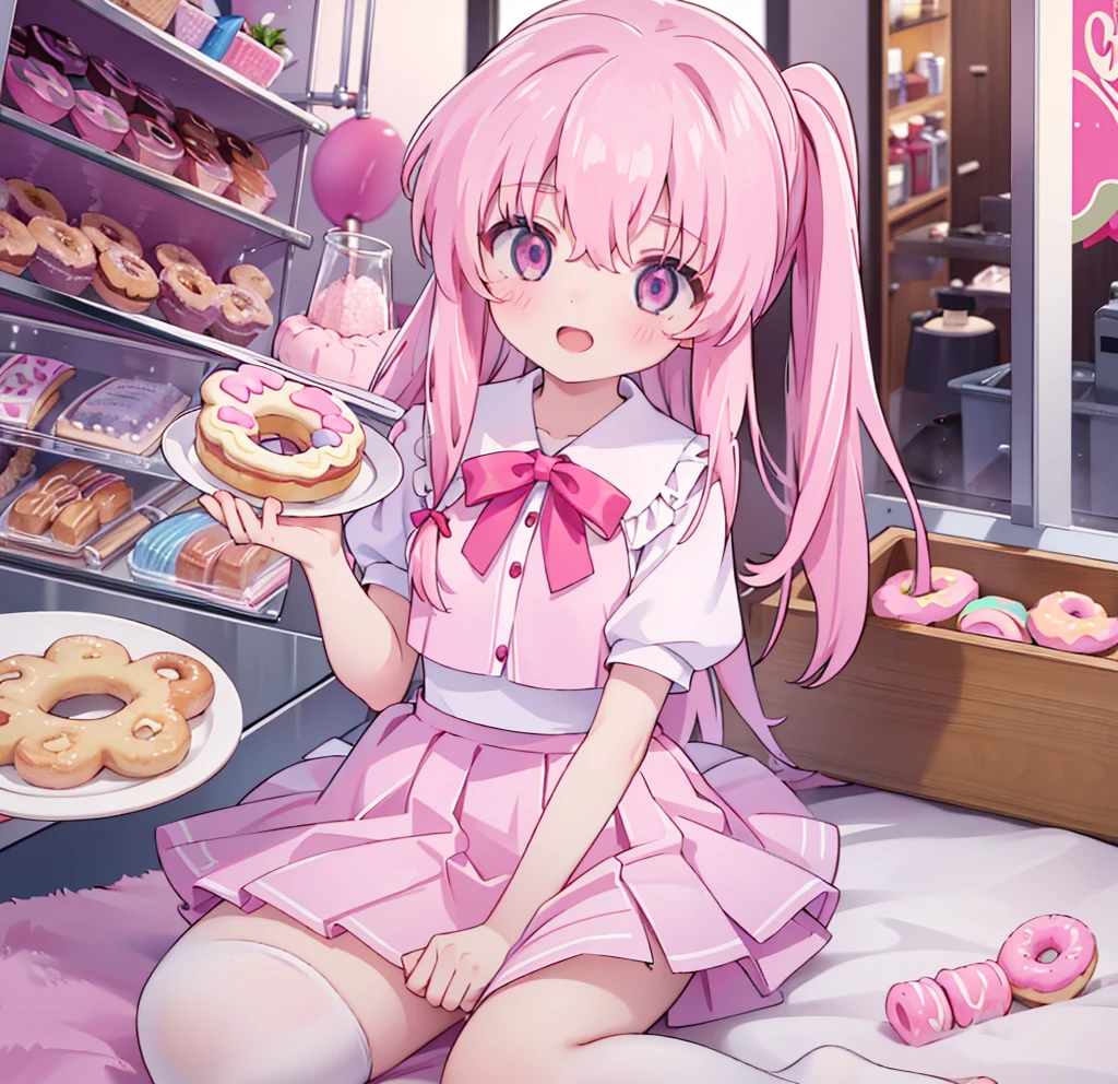 1girl,pink hair, pink eyes with love, detailed eyes, straight hair, straight bangs, shiny hair,
,red bowtie,purple skirt,purple shirt,pleated skirt,short sleeves,looking at the plate with donut, showing mini donut shop, holding a plate wih donut, smile, laughter , open mouth, donut shop background, high-definition,masterpiece, masterpiece, best quality, high resolution, aabeta, double, standing, slim waist, cute, sailor uniform (PastelColors: 1.3)