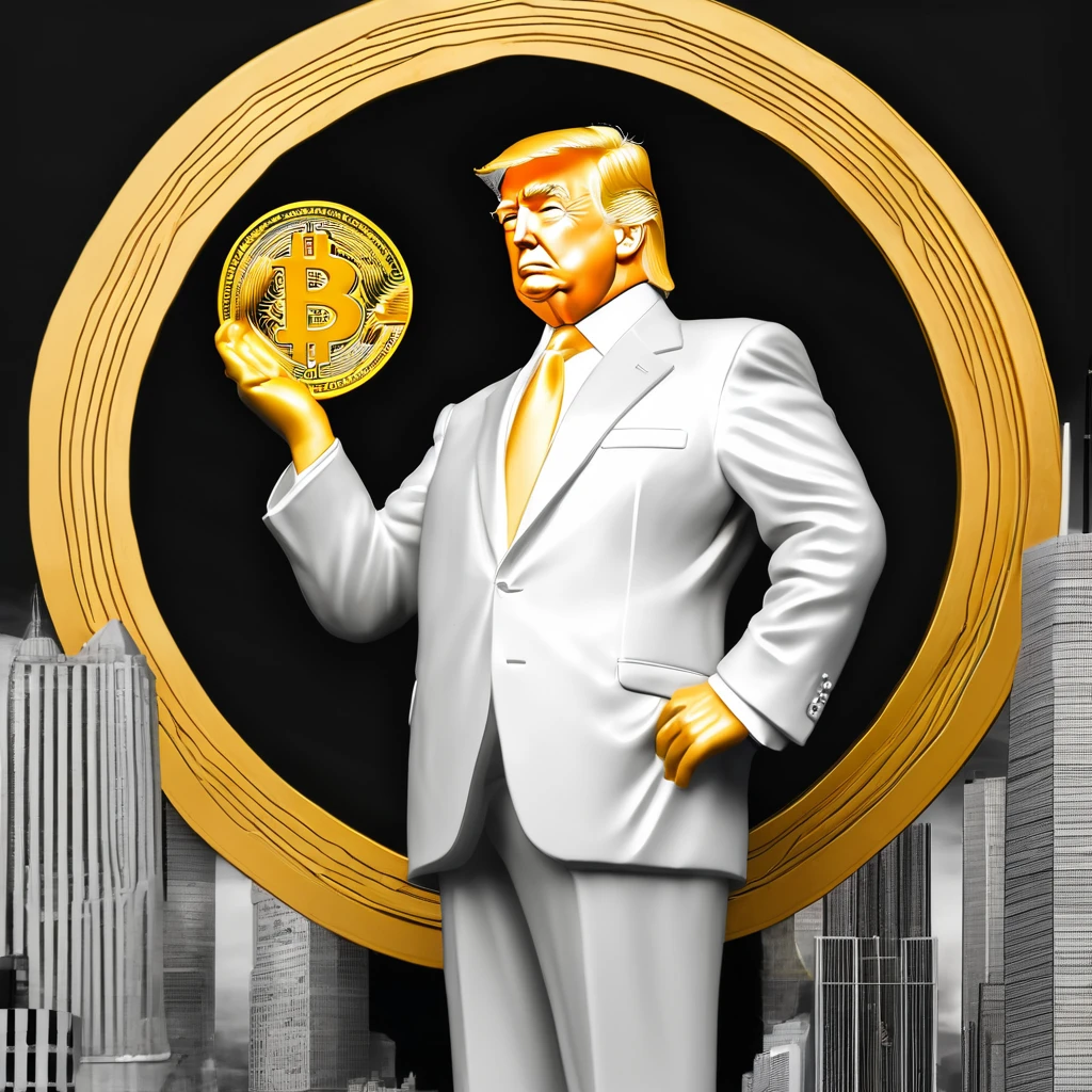 I want a stoic golden Donald Trump sculpture with black and white background. The image should focus on Donald Trump holding bitcoin coin . Must be a full body sculpture with walls or buildings in the background..