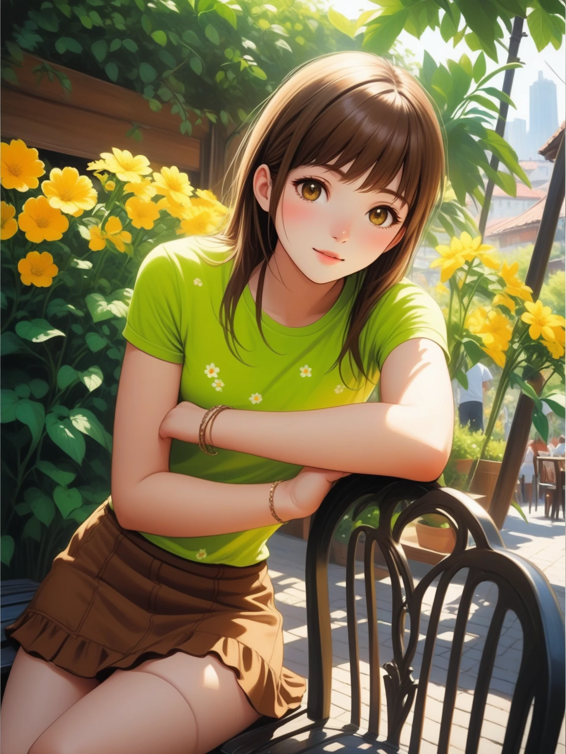realistic anime illustration of pretty young woman sitting in outdoor cafe, touching chair, flowers behind her, (she wearing brown t-shirt, lime-green mini skirt), (1girl, solo,full body), (masterpiece, best quality, Japanese anime style)