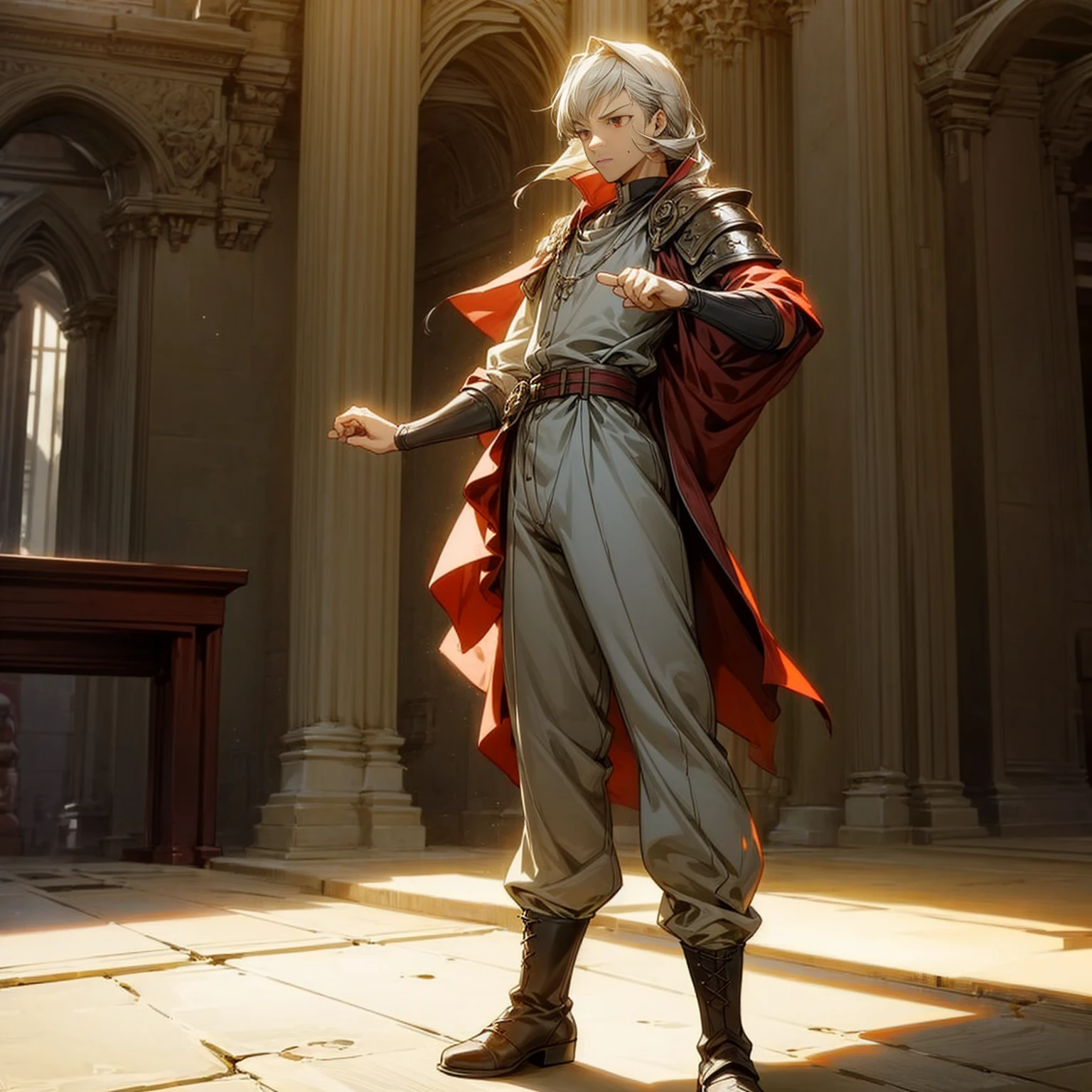 1boy, Full body version, 1character, red eyes, long haircut, silver colour hair, Ancient Roman clothing, Grassroots, background indoor Castleford, motion blur, lighting, (one piece art), standing gesture, boots, long pants, armors