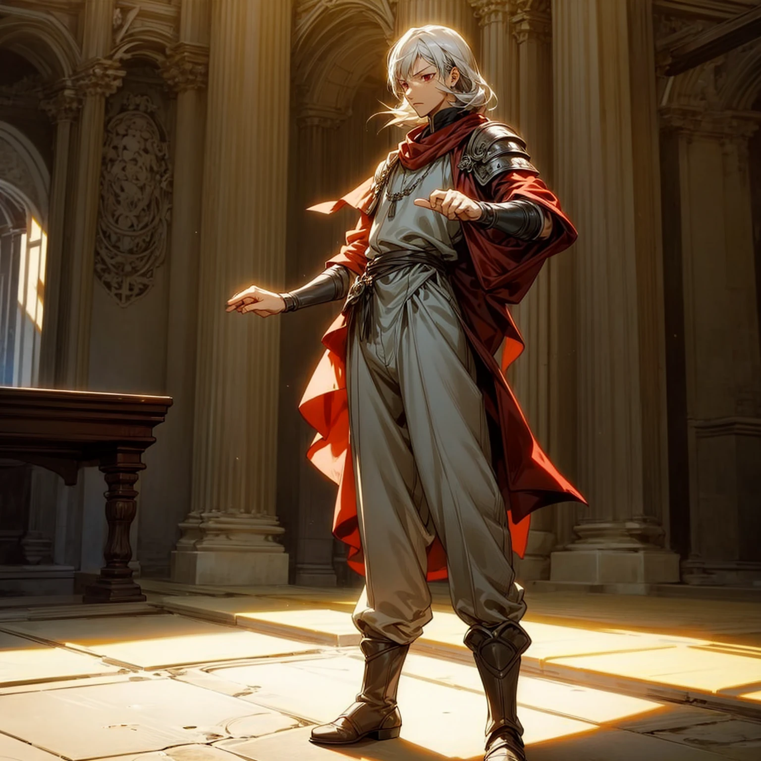 1boy, Full body version, 1character, red eyes, long haircut, silver colour hair, Ancient Roman clothing, Grassroots, background indoor Castleford, motion blur, lighting, (one piece art), standing gesture, boots, long pants, armors