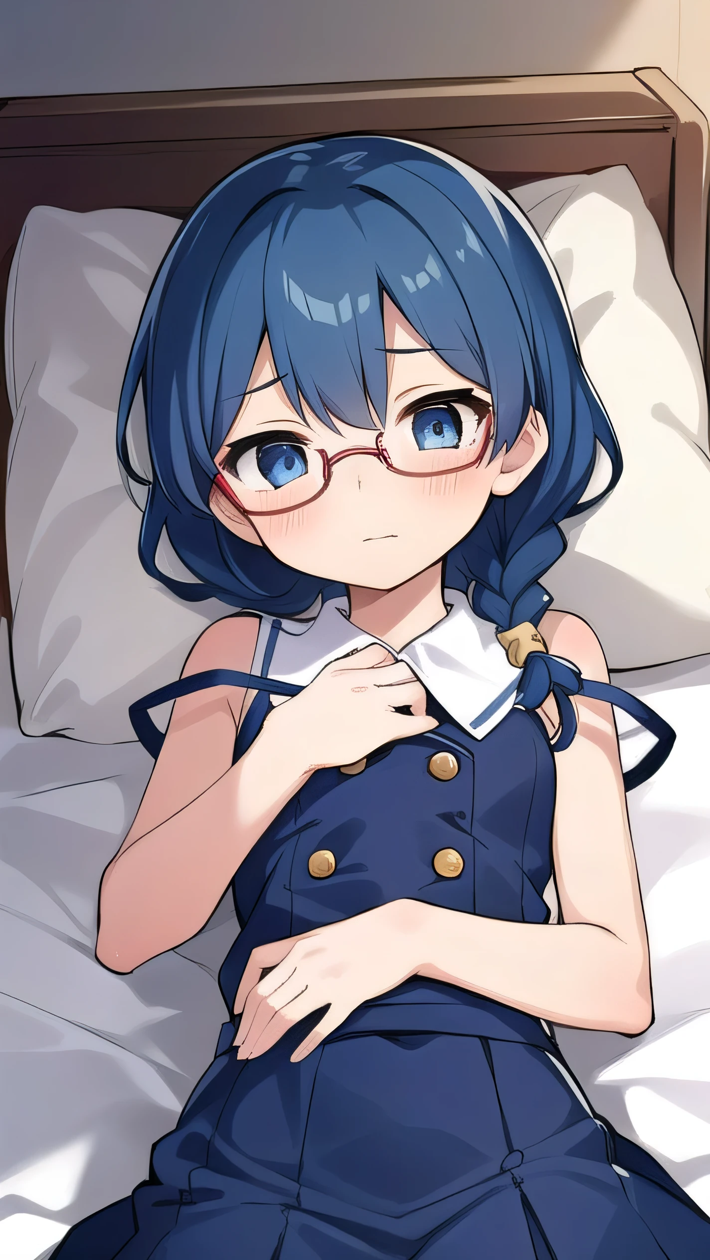 small breasted girl, short, ,  royalblue hair, single braid, blue eyes, round eyes, shy, shy, bed, naked, short, young face, short height,  has a buttock，nipples are visible，pussy are visible，(flat chest:1.2)，glasses with no edges，spread pussy，，lying on back