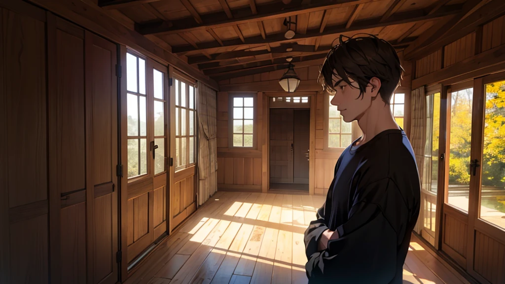 a calm man with serene expression in a wooden house