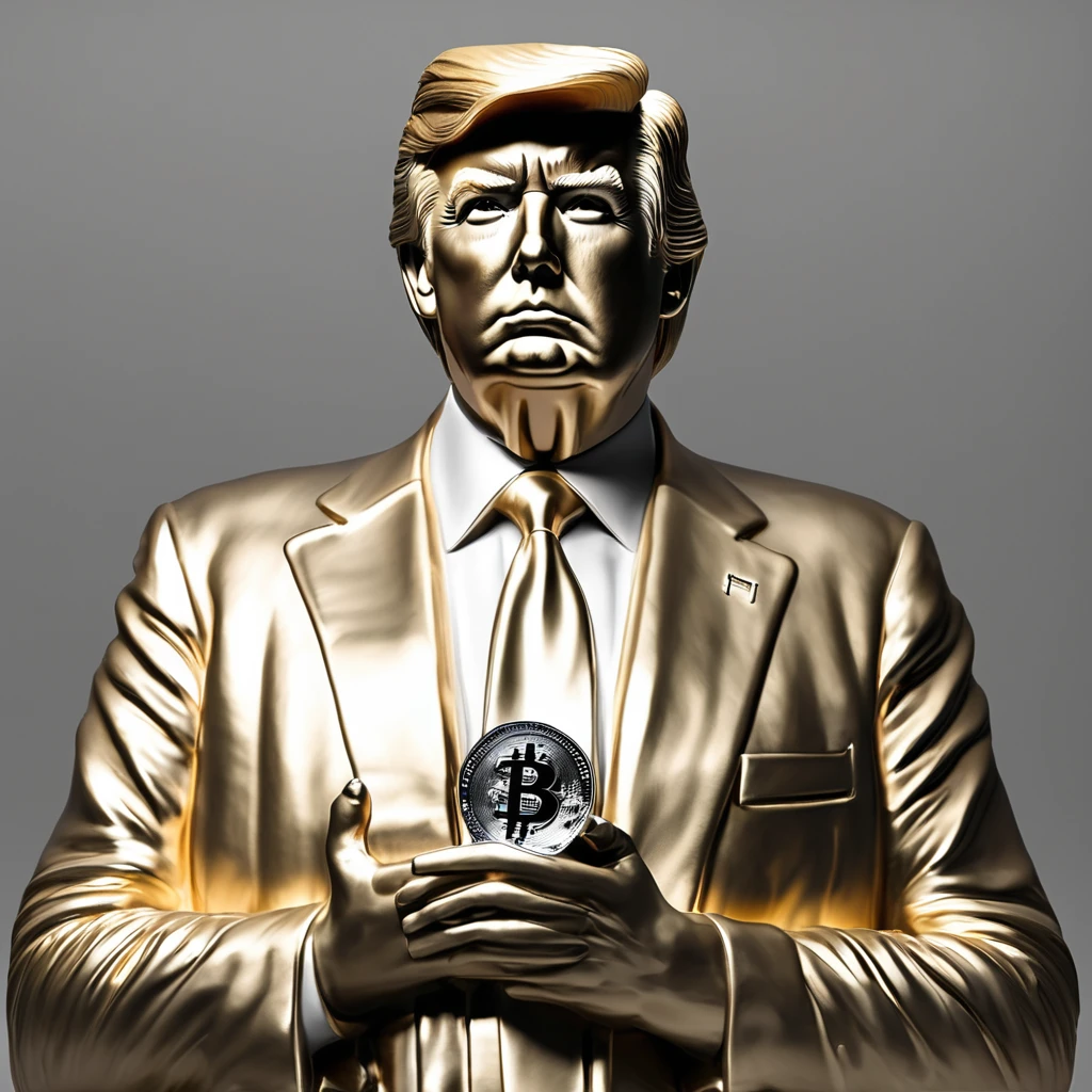 I want a stoic golden Donald Trump sculpture with black and white background. The image should focus on Donald Trump holding bitcoin coin . Must be a full body sculpture with walls or buildings in the background..