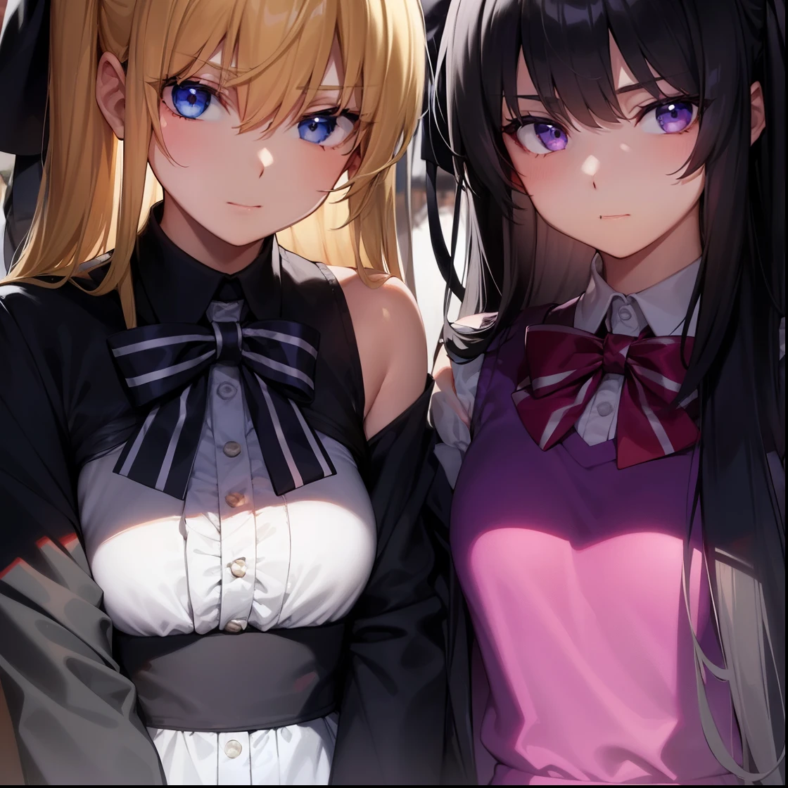 2girls, bare shoulders, black hair, blonde hair, blue eyes, bow, bowtie, covering one eye, detached collar, hair ribbon, hand over eye, jacket, long hair, looking at viewer, multiple girls, necktie, purple eyes, ribbon, , shirt, striped, v, v over eye
