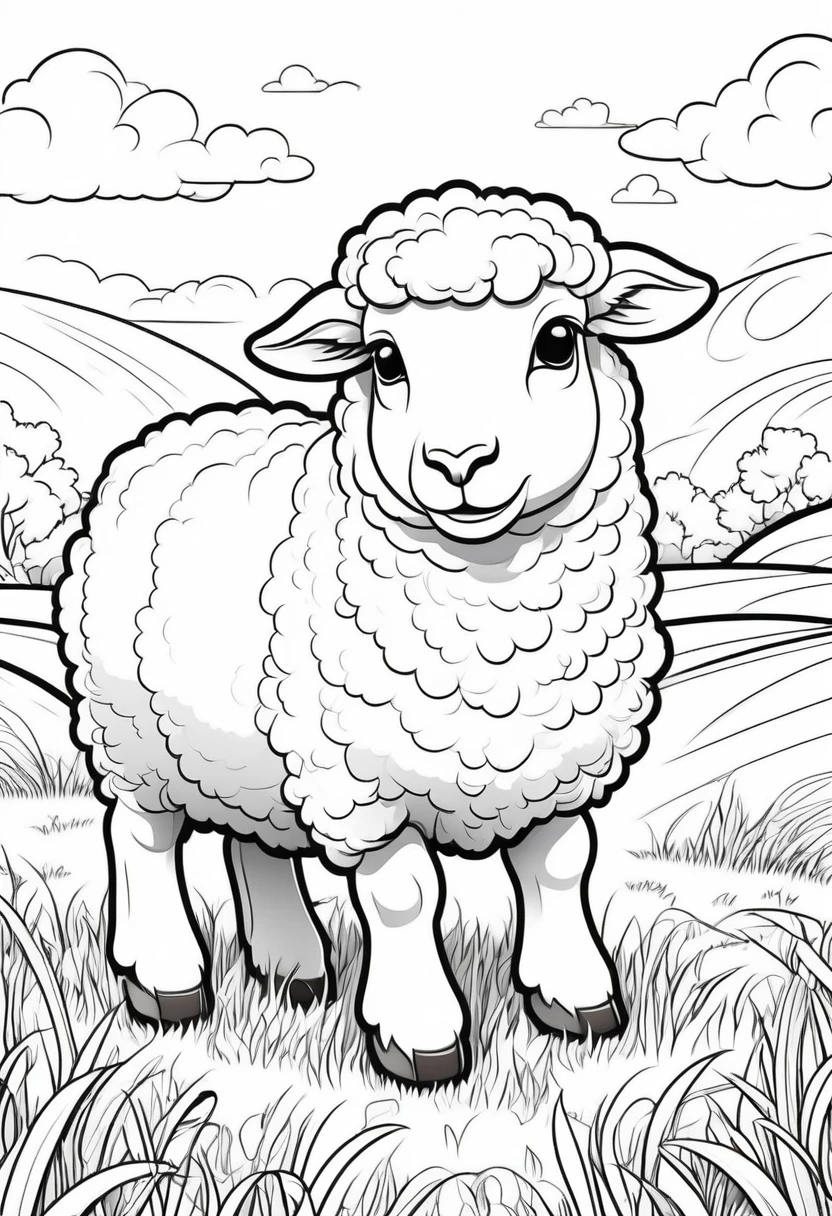 coloring page for kids, Fluffy sheep grazing on the grass, cartoon style, thick lines