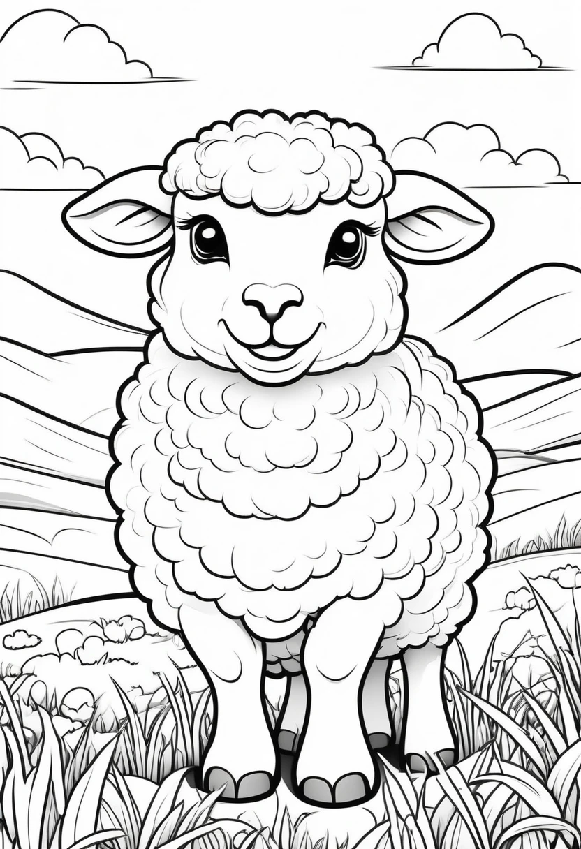 coloring page for kids, Fluffy sheep grazing on the grass, cartoon style, thick lines