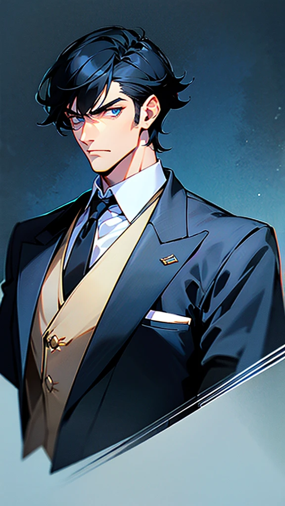 Man with loose and short black hair, blue eyes, sharp jaw, elegant in royal duke clothes. muscled body, 28 years old. handsome, serious