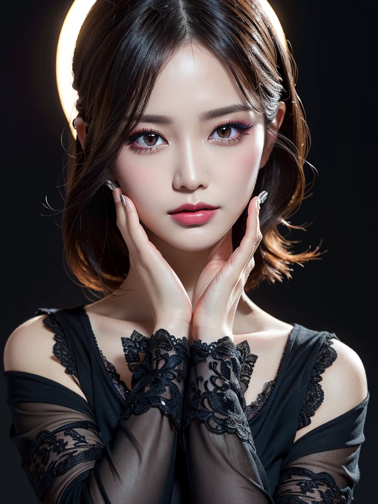 Tabletop, Highest quality, figure, Very detailed, In detail, High resolution, 8k wallpaper, Perfect dynamic composition, ((Apply full make-up to the face:1.2)), Beautiful attention to detail, Black cloth, Black cloth with chiffon lace, See-through shoulder sleeves, Sexy Face, Bright light in the background