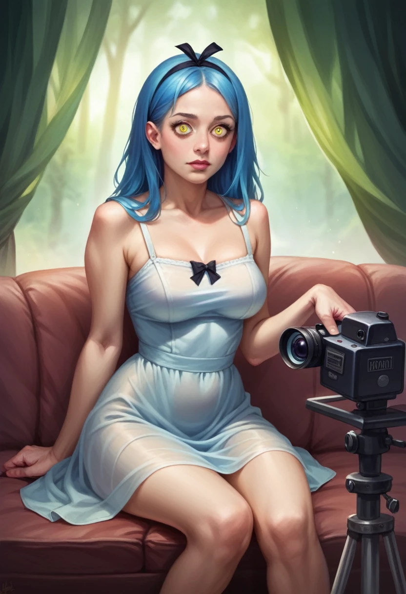 (Alice In Wonderland), translucent green sundress , bright blue hair styled in a tall beehive hairdo, huge round eyes with blue irises, bright yellow skin, on a sofa, realistic lighting, camera raw, photorealistic, realistic image, realistic detail, detailed body, detailed face, opened legs