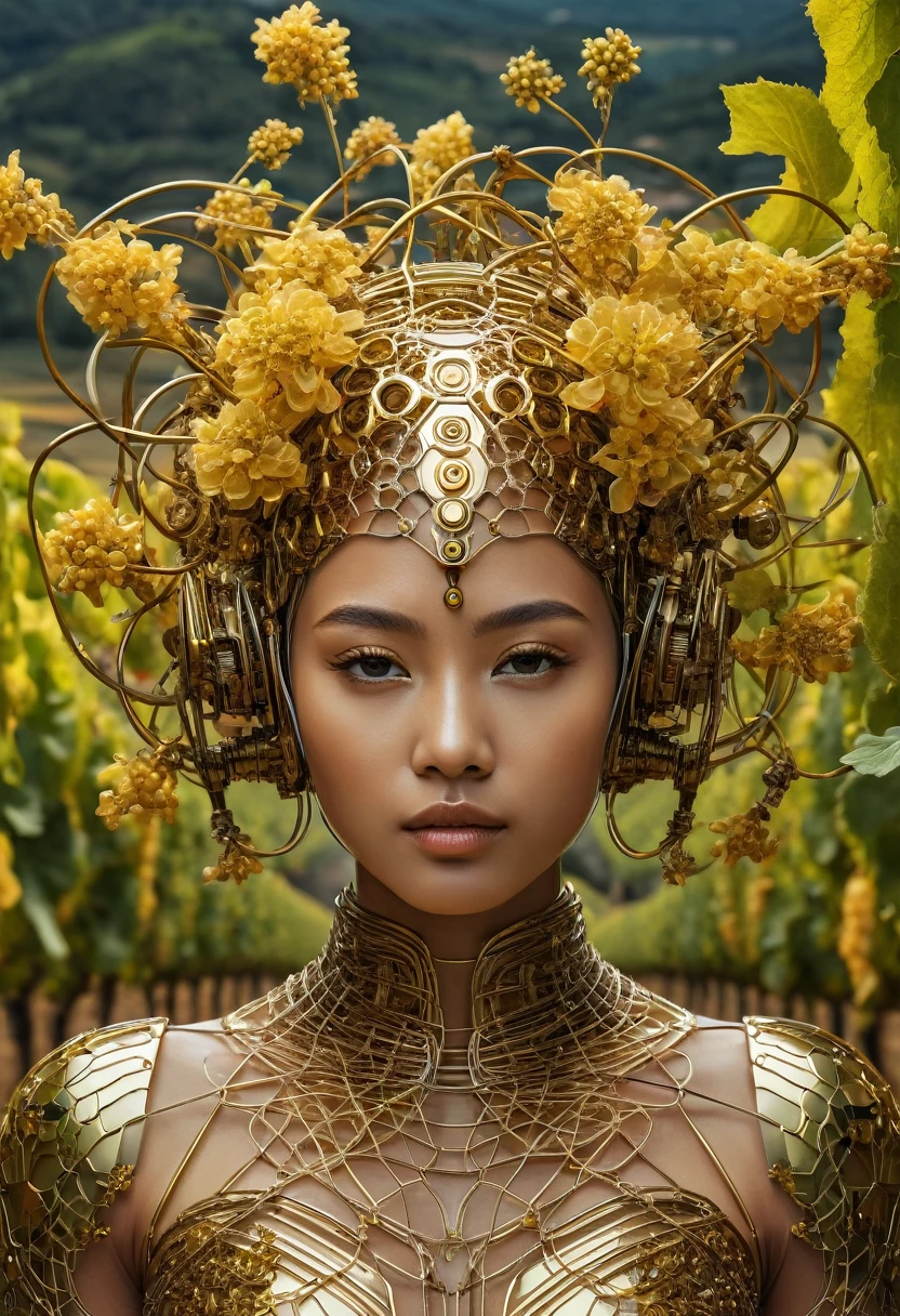 photoshot, portraite, honey cyber woman, Intricate wiring and artifacts, golden vineyards, translucent honeydew flowers, marvelous, detailed portraite, Symmetrical, highy detailed, digitalpainting, art station, conceptual artwork, Soft, sharp focus, illustration, cinematic lighting, 8k, professional photoshotgraphy