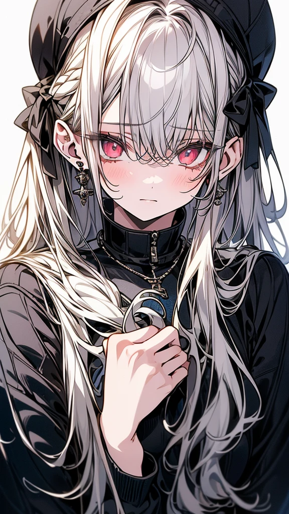 (Top resolution、Distinct_image)top-quality、(A girl) 、​masterpiece、highly detailed, half body, Semi-realistic、 ( Silver eyes ) 、18year old,
 ( white  hair ) ,young 、Exquisite facial 
An expression of shy, Shy girl,
 ,Facial features ,variation potrait, long  hair  , teenage, cool , cold sharp eyes, , {Very detailed 8k CG unit wallpaper}, students, whit oversized shirt ,library background, (black sweater on top)