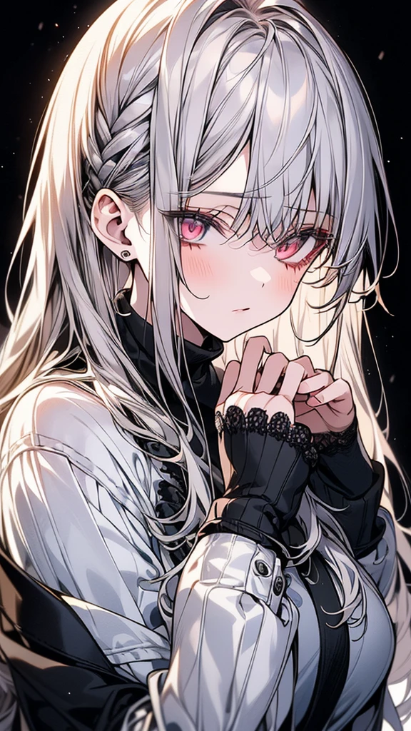 (Top resolution、Distinct_image)top-quality、(A girl) 、masterpiece、highly detailed, half body, Semi-realistic、 ( Silver eyes ) 、18year old,
( white hair ) ,young 、Exquisite facial
An expression of shy, Shy girl,
,Facial features ,variation potrait, long hair , teenage, cool , cold sharp eyes, , {Very detailed 8k CG unit wallpaper}, students, whit oversized shirt ,library background, (black sweater on top)
