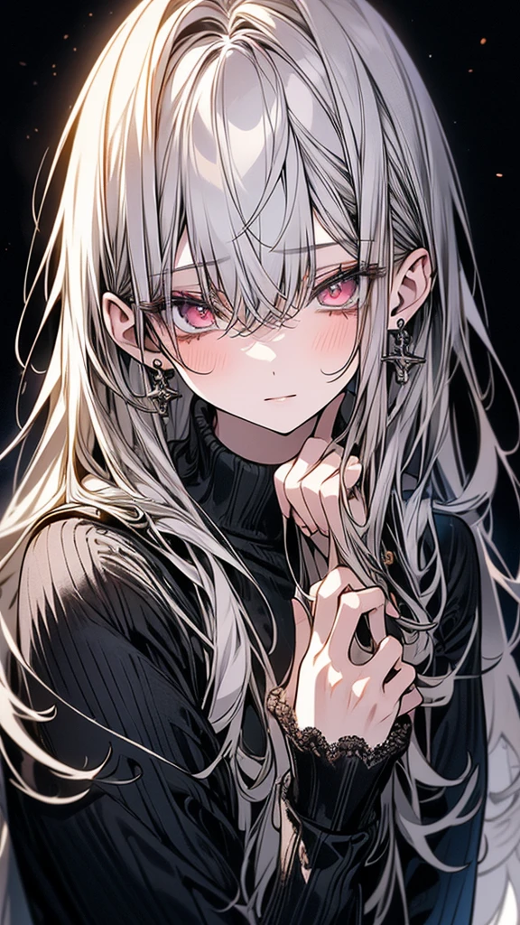 (Top resolution、Distinct_image)top-quality、(A girl) 、​masterpiece、highly detailed, half body, Semi-realistic、 ( Silver eyes ) 、18year old,
 ( white  hair ) ,young 、Exquisite facial 
An expression of shy, Shy girl,
 ,Facial features ,variation potrait, long  hair  , teenage, cool , cold sharp eyes, , {Very detailed 8k CG unit wallpaper}, students, whit oversized shirt ,library background, (black sweater on top)