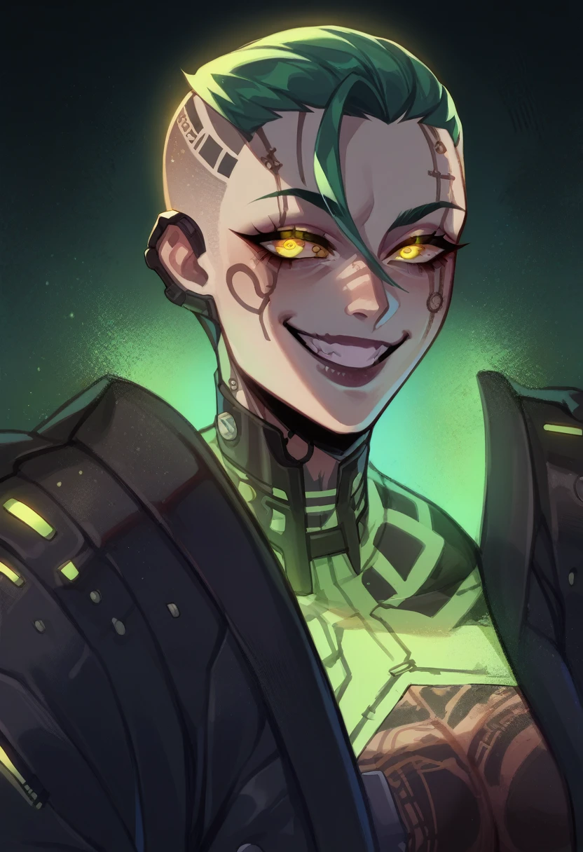 Anime Mobster, insane smile, lunatic, green buzzcut hair, glowing yellow eyes, multiple tattoos, cyborg girl, punk clothes