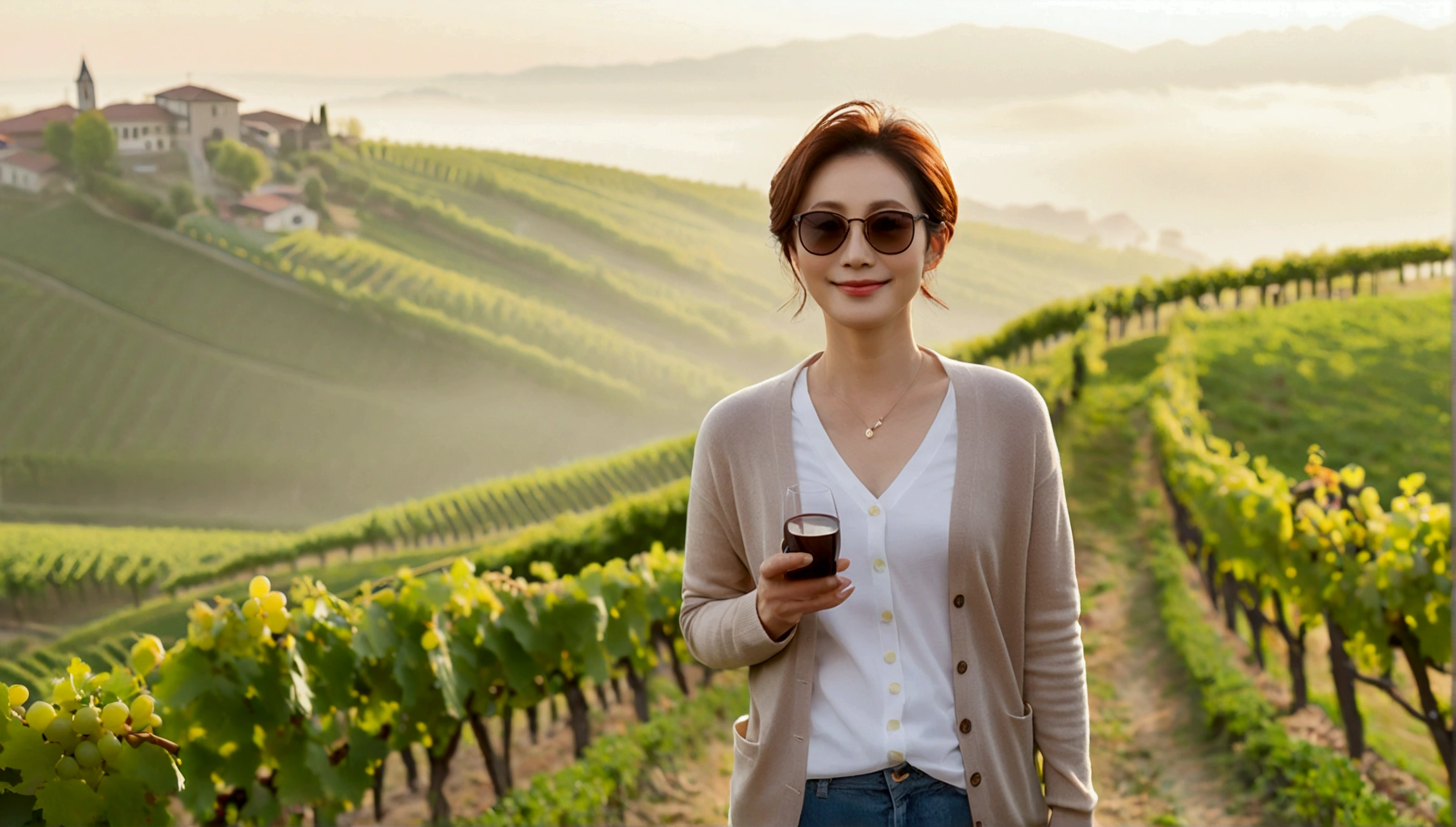 8k best picture quality, Beautiful 36-year-old Korean woman, Chest size 34 inches, northern italy countryside dawn, View of the cathedral next to the vineyards, The back background is realistic and vivid quality., short medium hair, white shirt and cardigan, Wear casual pants, Smile slightly. the background is clear, It is spring, when grapes have not yet ripened. Standing on a hill on a curved path overlooking a vineyard covered in thick fog, Clear picture quality, Wear high-end luxury brand sunglasses, sunglasses with clear lines, Spring landscape without grapes, holding a smartphone in hand