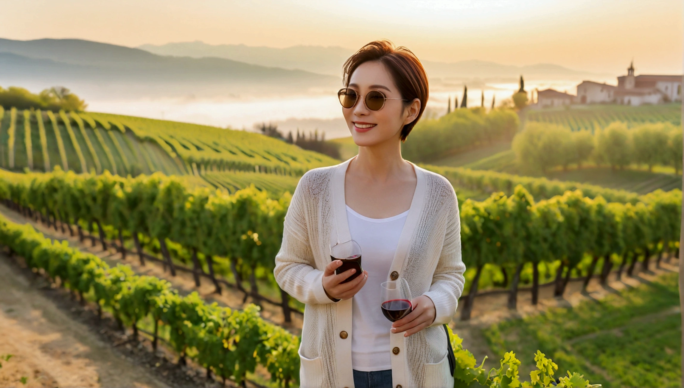 8k best picture quality, Beautiful 36-year-old Korean woman, Chest size 34 inches, northern italy countryside dawn, View of the cathedral next to the vineyards, The back background is realistic and vivid quality., short medium hair, white shirt and cardigan, Wear casual pants, Smile slightly. the background is clear, It is spring, when grapes have not yet ripened. Standing on a hill on a curved path overlooking a vineyard covered in thick fog, Clear picture quality, Wear high-end luxury brand sunglasses, sunglasses with clear lines, Spring landscape without grapes, holding a smartphone in hand