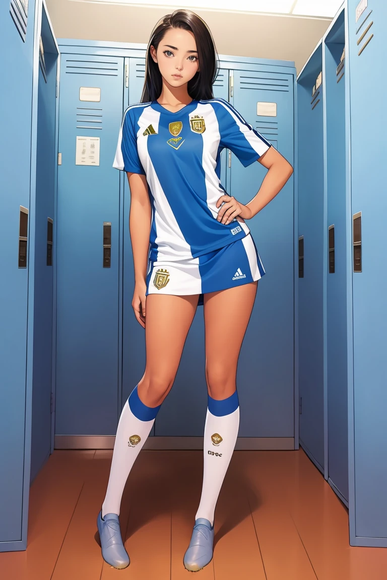 Group of girls, in locker room, Soccer uniform, fullbody shot, undressing, backs to viewer