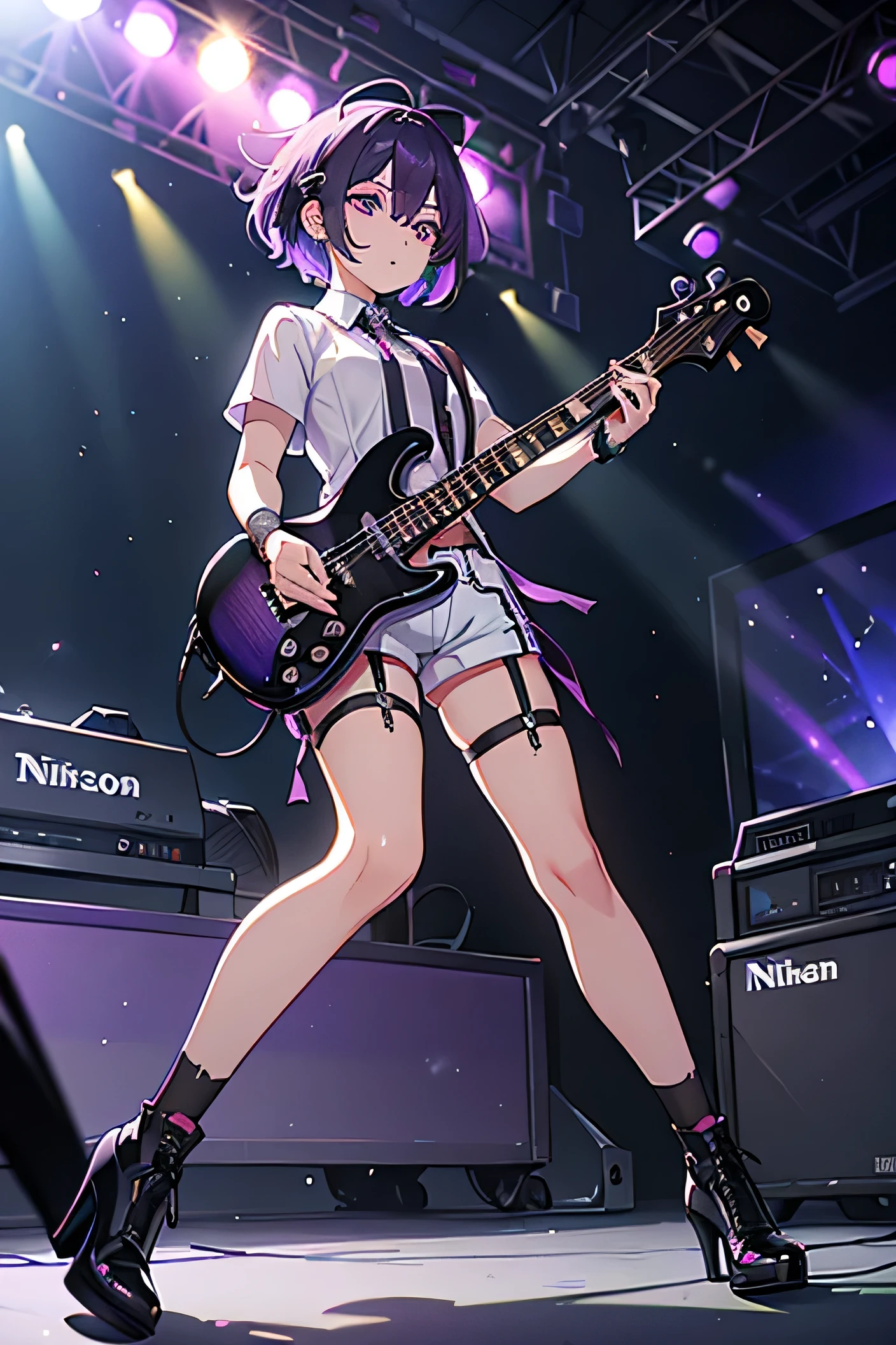 A man with purple color very short hair, he is wearing white shorts and black high heels shoes with lace up socks with garter belt ,goth make on stage playing bass guitar, purple eyes, under concert lighting, on a large stage, at a music festival, in the style of Japanese punk, in a portrait photograph, taken with a Nikon D850 using a wide-angle lens. man, male,