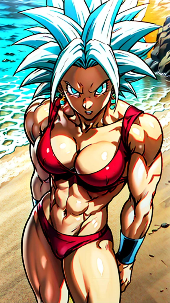 アニメ cel-shading Kefla, blue eyes, neon green hair, red bikini, on the beach in ((anime + manga + comics + cartoon) style)