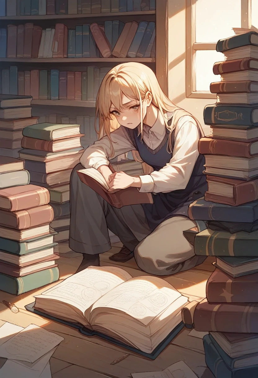 A student, surrounded by books and study materials