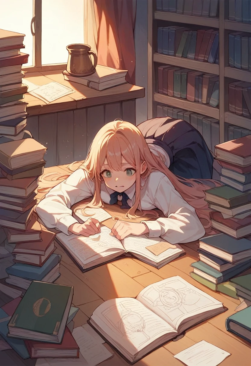 A student, surrounded by books and study materials