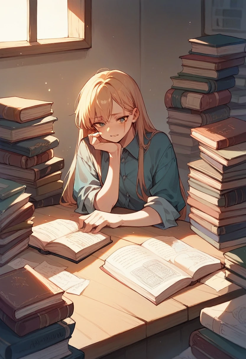 A student, surrounded by books and study materials