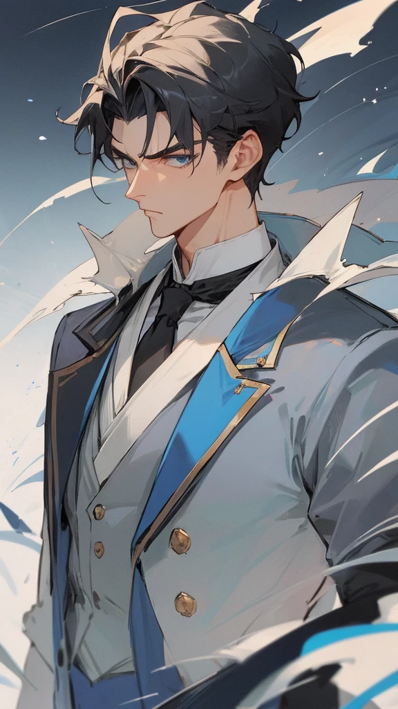 Man with loose and short black hair, blue eyes, sharp jaw, elegant in royal duke clothes. muscled body, 28 years old. handsome, serious