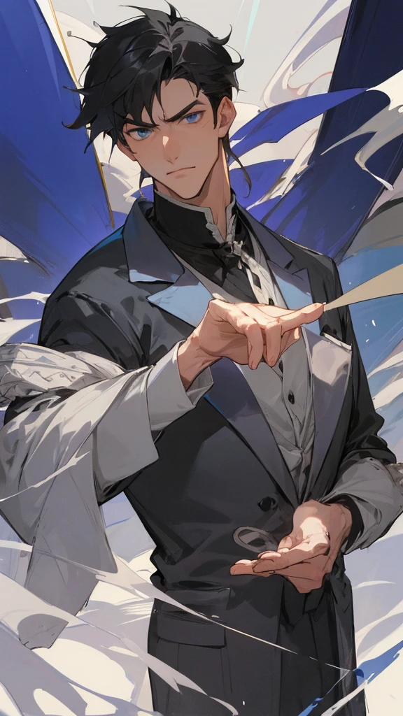 Man with loose and short black hair, blue eyes, sharp jaw, elegant in royal duke clothes. muscled body, 28 years old. handsome, serious