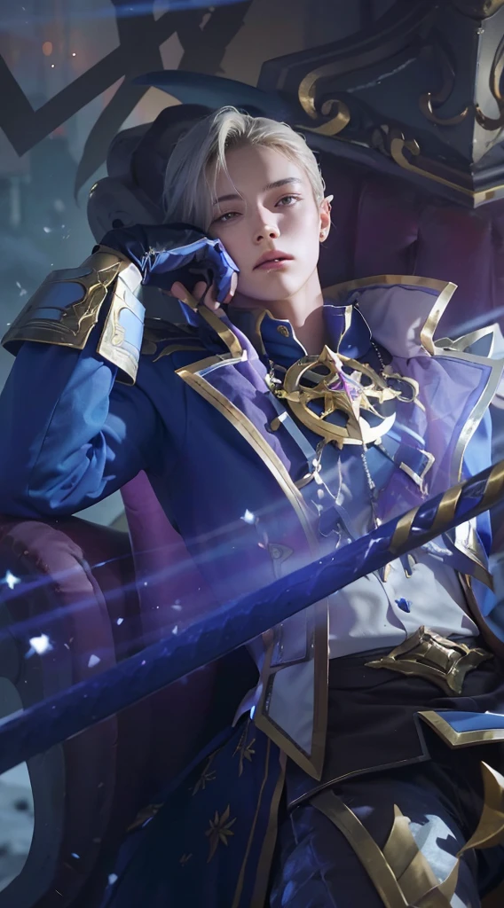 In the image, a male character is depicted in a fantasy setting. He is wearing a blue and gold armor, and has a sword on his hip. He is sitting on a purple throne and looking off to the side with a contemplative expression.