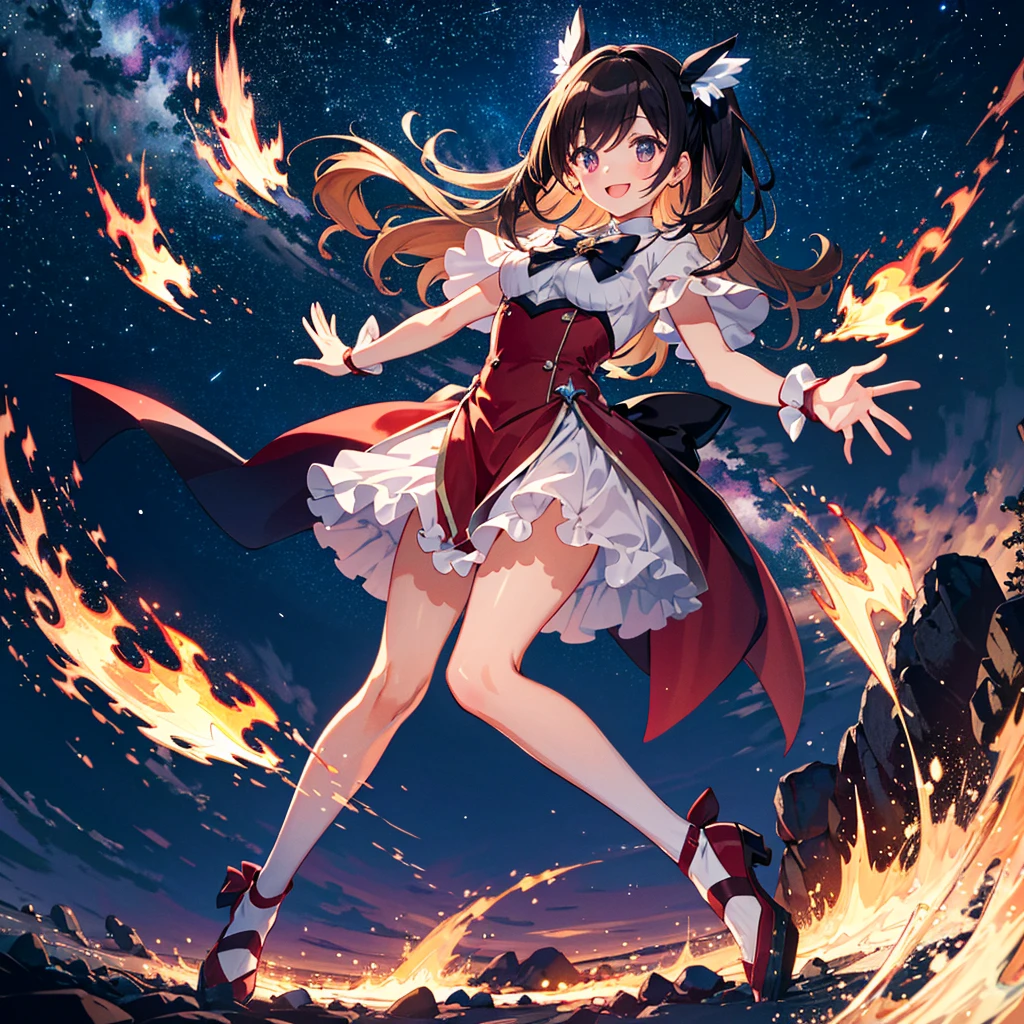 1 girl flared dress bikini,(Golden ratio:1.2),[(Gray background:1.4)::10],(细腻细致), (Intricate details), (Cinematic light, 最优质的背光),(1girll),Solo,full bodyesbian,Flames around this girl,Sparks in the sky,,(At Big Red Lake, Formed by magma:1.3),At night,Stone piles