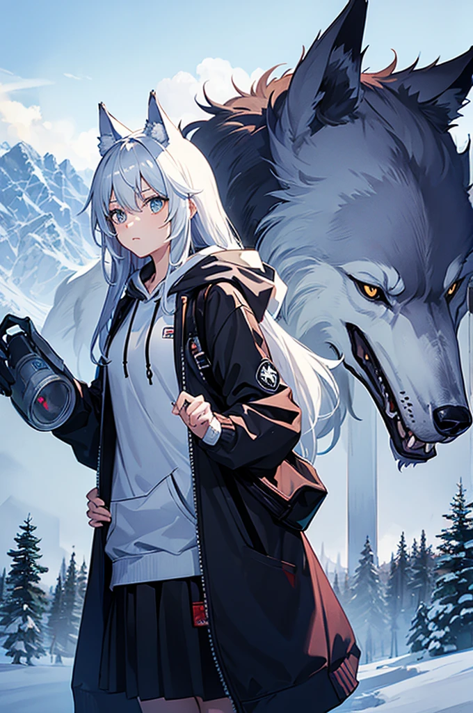 A mysterious girl wearing a hoodie and her background is a wolf