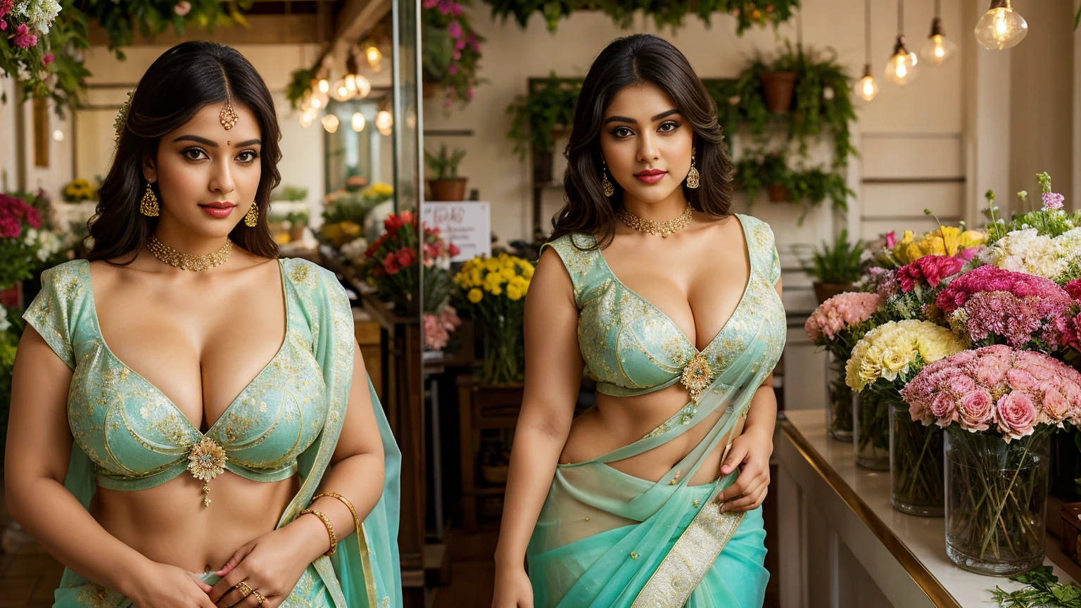 perfect light eyes, fantastic face, Indian, beautiful look, ((light color lips, bright eyes, curve heir 1.5)), ((((beautiful details very Big )))), (Straight round and ultra huge clevage, not sagging breast), (A glorious gorgeous), glorious gorgeous face, pretty face, bright eyes, ((detailed elegant bright colour printed saree)), updo elegant hair, blurred gray tones background, ultra focus, face ilumined, face detailed, 8k resolution, painted, dry brush, brush strokes, razumov style and garmash style, by Tokaito, (fluorescent colours:1.4),(semi transparent:1.4),(retro filters:1.4),(fanciful:1.4),Soft Landscape Pale Light Soft Whimsical Light Flower Shop Background Ultra Realistic Ultra High Quality Cinematic Lighting Huge Details Full HD Painting Plenty of light,diagonal bangs, Dress with collar,side masterpiece, best qualityer,realskin,(sportrait:1.5), 1girll, bluntbangs, (long wavy black hair),((Cropped Breast Wear)), (((straight standing posing))), ((half body portrait)), ((Flower Shop)), (((big sexy body shape)))