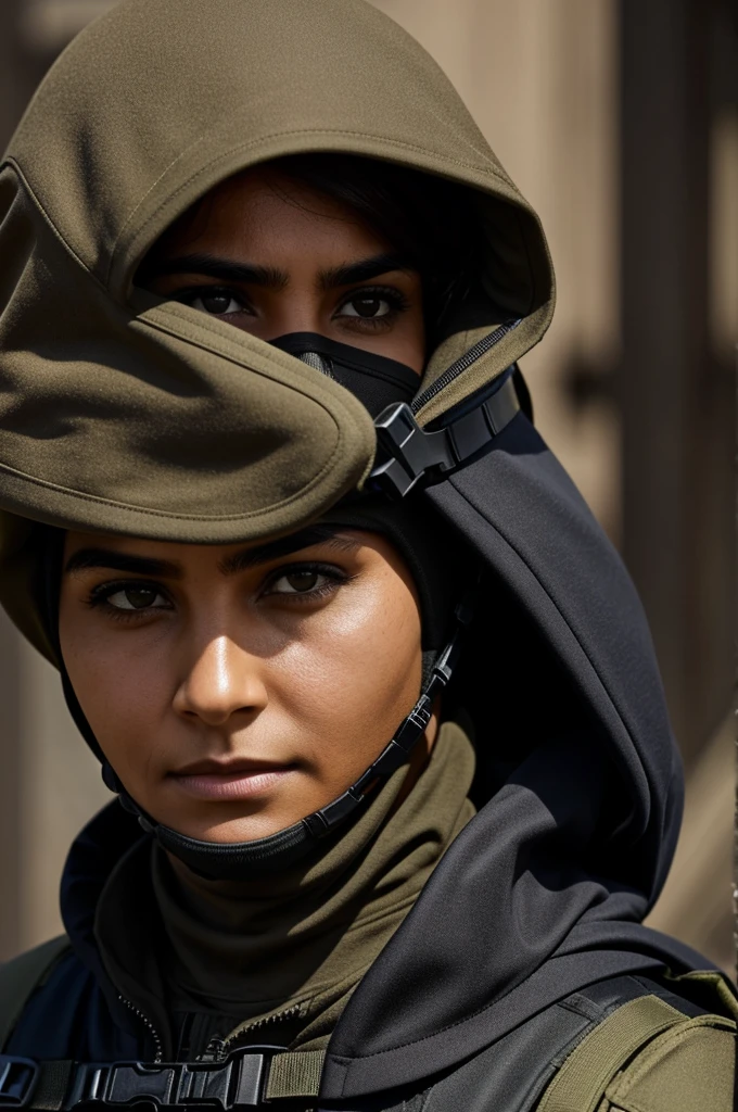 Military woman with tactical suit. tez morena, Round face, Brown hair, half of his face is hidden by a balaclava. He carries a touch knife in his hand.