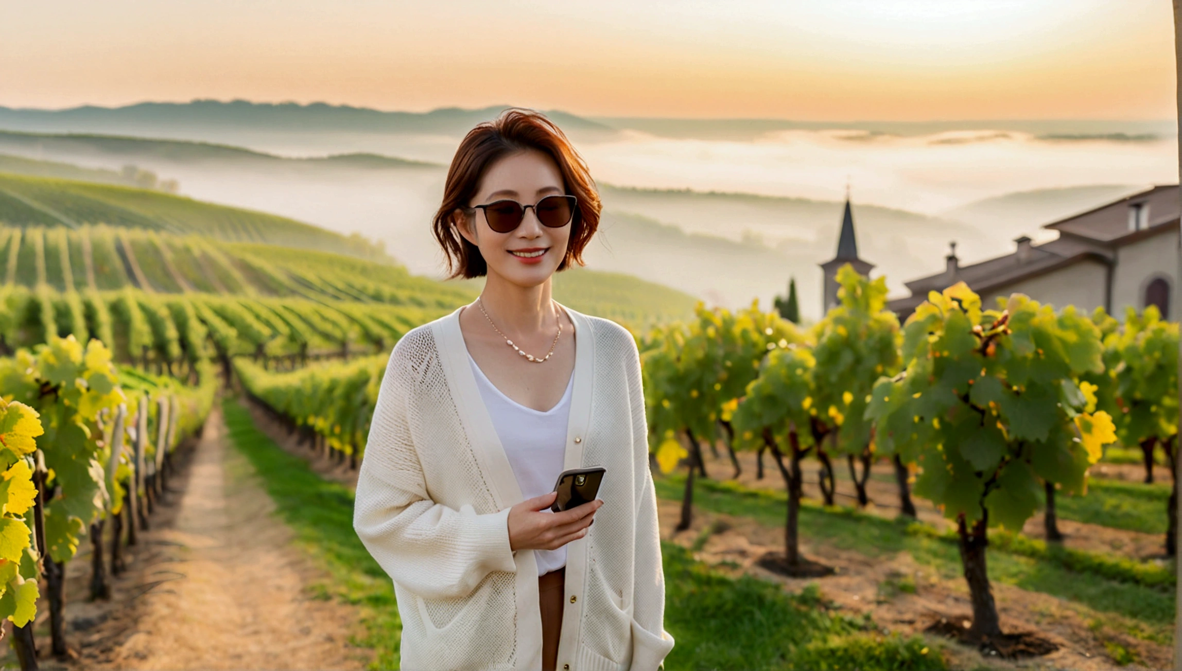 8k best picture quality, Beautiful 36-year-old Korean woman, Chest size 34 inches, northern italy countryside dawn, View of the cathedral next to the vineyards, The back background is realistic and vivid quality., short medium hair, High-end luxury brand white shirt and cardigan, Wear casual pants, Smile slightly. the background is clear, It is spring, when grapes have not yet ripened. Standing on a hill on a curved path overlooking a vineyard covered in thick fog, Clear picture quality, Wear high-end luxury brand sunglasses, sunglasses with clear lines, Spring landscape without grapes, holding a smartphone in hand