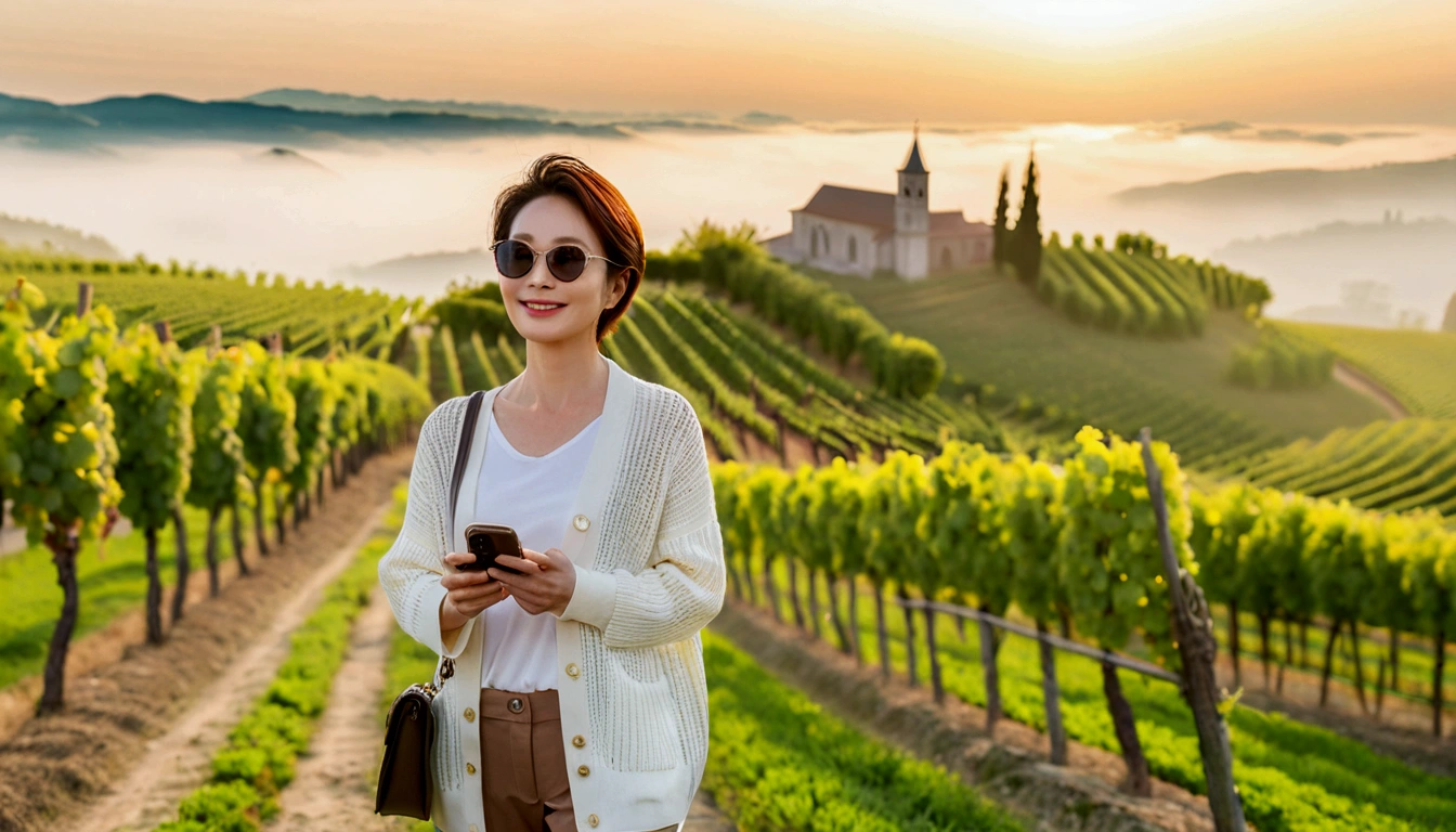 8k best picture quality, Beautiful 36-year-old Korean woman, Chest size 34 inches, northern italy countryside dawn, View of the cathedral next to the vineyards, The back background is realistic and vivid quality., short medium hair, High-end luxury brand white shirt and cardigan, Wear casual pants, Smile slightly. the background is clear, It is spring, when grapes have not yet ripened. Standing on a hill on a curved path overlooking a vineyard covered in thick fog, Clear picture quality, Wear high-end luxury brand sunglasses, sunglasses with clear lines, Spring landscape without grapes, holding a smartphone in hand