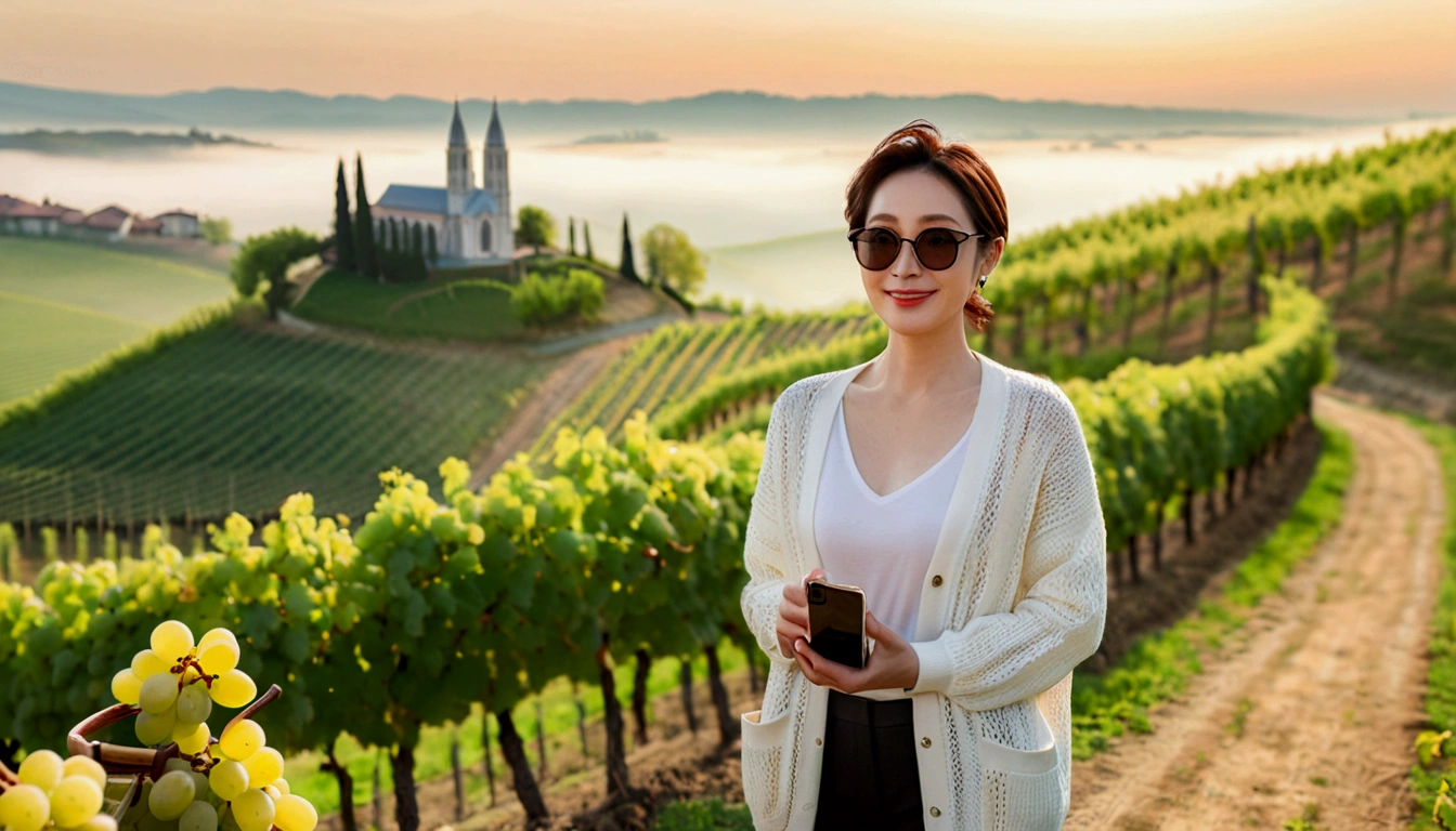 8k best picture quality, Beautiful 36-year-old Korean woman, Chest size 34 inches, northern italy countryside dawn, View of the cathedral next to the vineyards, The back background is realistic and vivid quality., short medium hair, High-end luxury brand white shirt and cardigan, Wear casual pants, Smile slightly. the background is clear, It is spring, when grapes have not yet ripened. Standing on a hill on a curved path overlooking a vineyard covered in thick fog, Clear picture quality, Wear high-end luxury brand sunglasses, sunglasses with clear lines, Spring landscape without grapes, holding a smartphone in hand