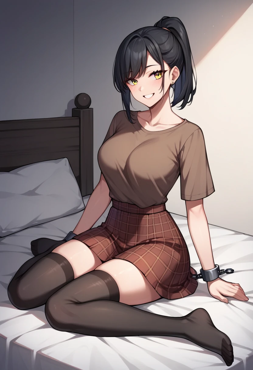 score_9, score_8_up, score_7_up, score_6_up, score_5_up, score_4_up, source_anime, 1girl, sit, smile, black hair, ponytail, yellow eyes, w-w-chain, cuffs, arms, clean hair, brown shirt, plaid skirt, black stockings, room, bed, best quality, best res, 4K UHD,